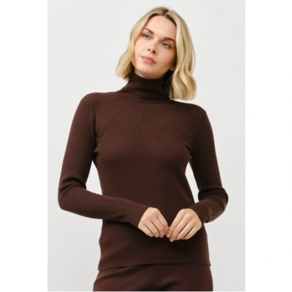 Viscose Blend Brown Rib Knit Turtleneck & Tie-Waist Wide Leg Pants Sz SM NWT! - Picture 3 of 8